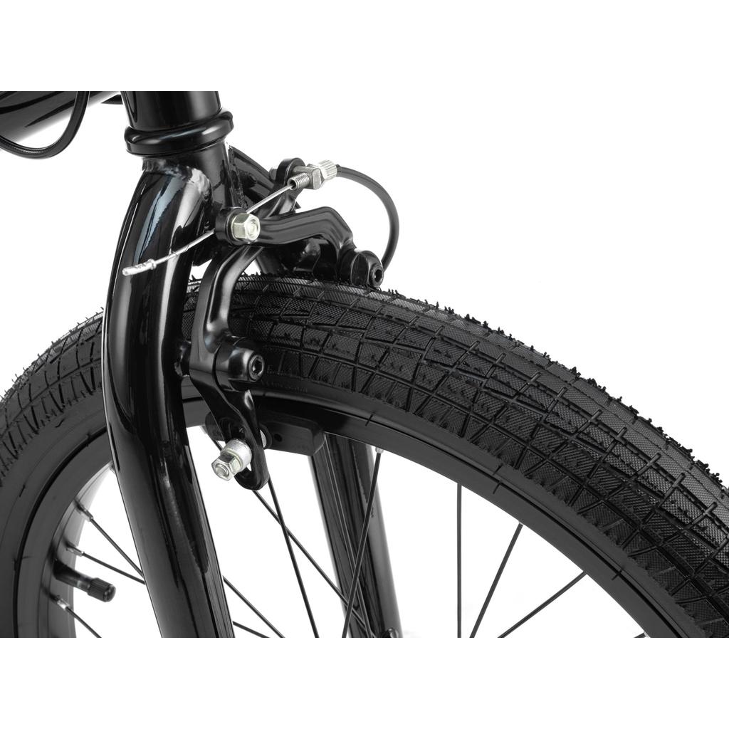 Close-up of the front tire and rim on the Radio Revo Pro FS 20 Inch Bike, highlighting the brake caliper, cables, and gyro system against a white background.