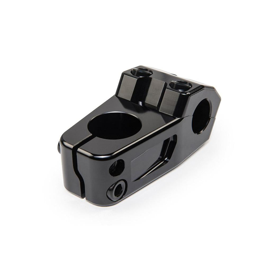 The Eclat Burns Stem is a black, CNC-machined BMX bike stem with multiple bolt holes, a central clamp opening, and a matte finish, shown against a white background.