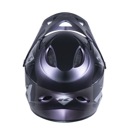 Front view of the Kenny Racing Downhill Helmet / Prisme in dark metallic, highlighting its angular design and ventilation openings, featuring an injected plastic shell that meets Australian Certified standards.