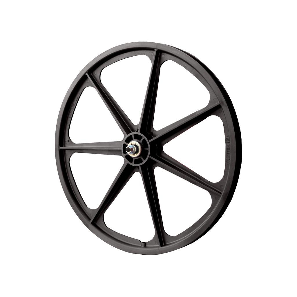 A SKYWAY TUFF II 24" Front Wheel, black eight-spoke composite BMX wheel with a central axle, shown against a white background.