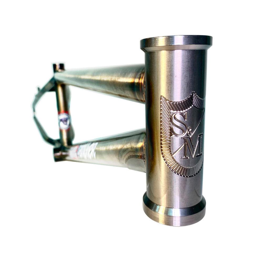 A stainless steel S&M Steel Panther Frame with the American Steel Panther logo on it.
