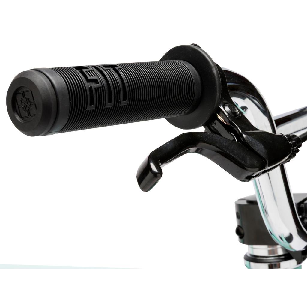 Close-up of a black handlebar grip and brake lever on a chrome handlebar, designed for beginner BMX riders or kids, as seen on the Fit Misfit 12 Inch Bike.