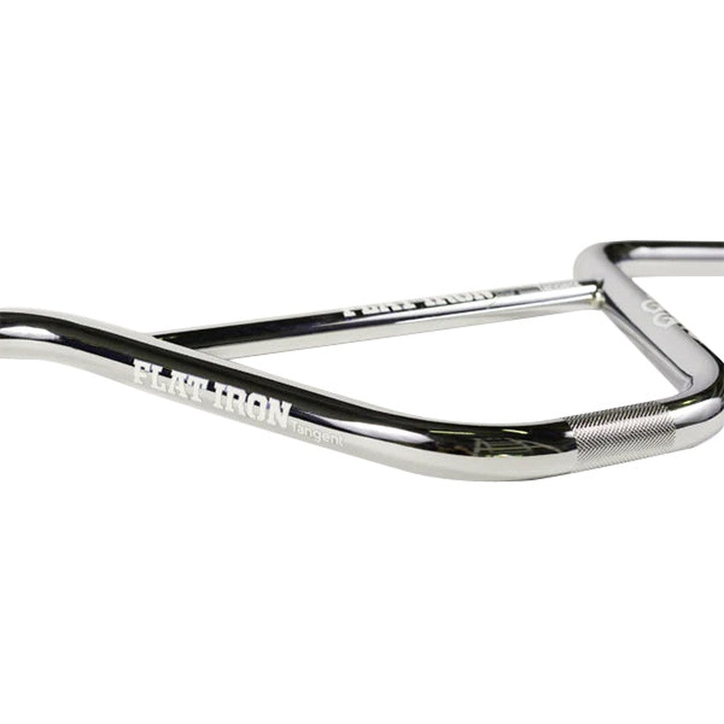 Close-up of a shiny, metal Tangent Flatiron62 Cruiser Bars handle with engraved text, against a white background.