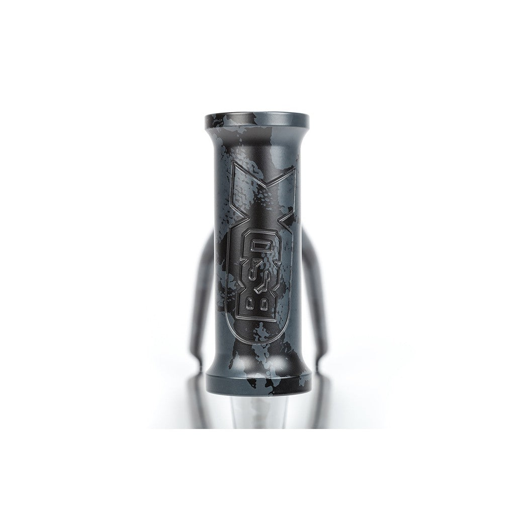 A black and silver engraved BSD Soulja V3 Frame head tube, with intricate patterns, isolated on a white background.