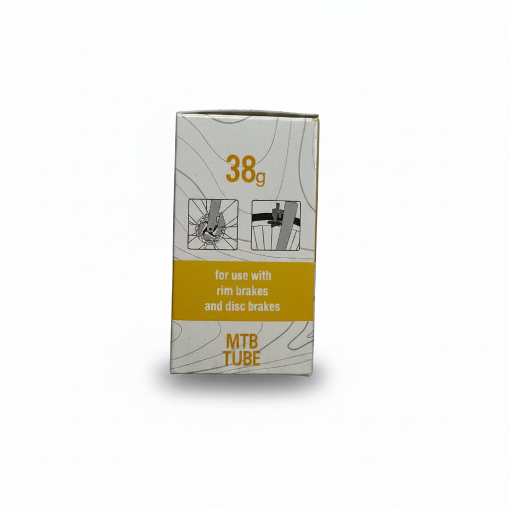 Box labeled "38g" with RideNow TPU 24 Inch Tube for MTB, compatible with rim and disc brakes. Features two simple wheel setup drawings and supports Schrader (car) valve. Ultra light-weight inner tube.