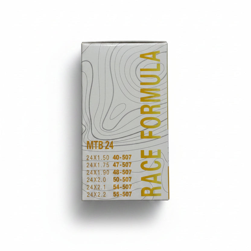 A rectangular box labeled "RACE FORMULA" displays "MTB 24" and tire sizes in yellow and gray text, featuring RideNow TPU 24 Inch Tube with a Schrader (Car) Valve—an ultra lightweight inner tube.