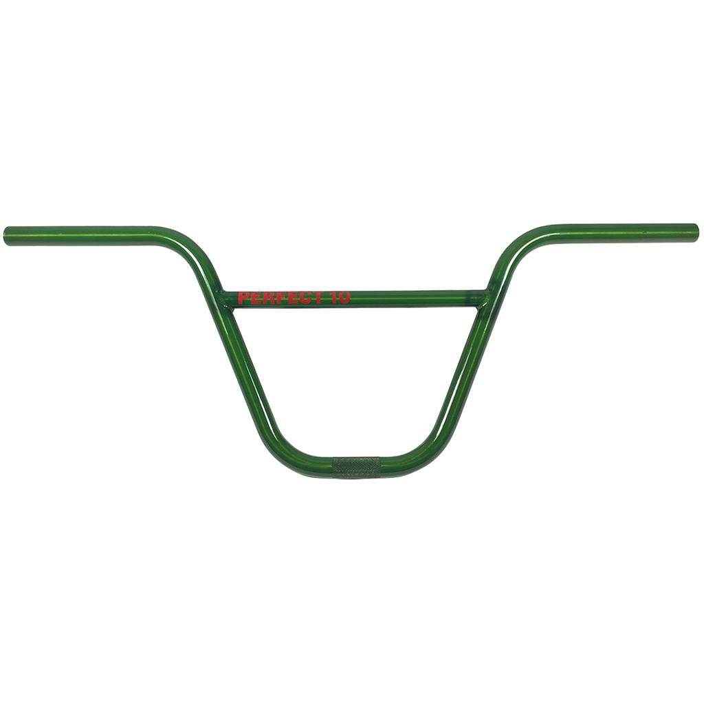 S&M Perfect 10 Bars BMX handlebars feature a sturdy crossbar, classic green finish, and bold red "PERFECT 10" text on top center, with a 10" rise for enhanced control.