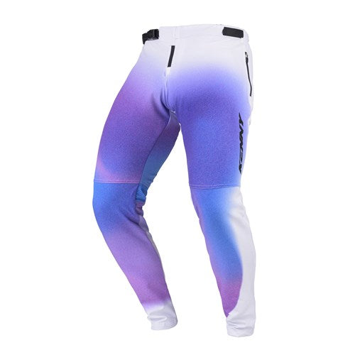 The Kenny Racing Prolite Pants in White Dye feature a gradient of purple, blue, and white with an ergonomic cut and black zippers on the waistband. They are showcased against a white background.