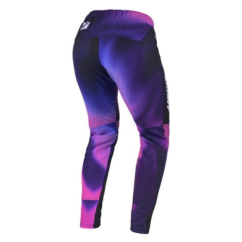 The Kenny Racing Prolite Pants in Dye feature a purple and pink gradient with a black waistband, offering an ultra-light, form-fitting design ideal for BMX riders.
