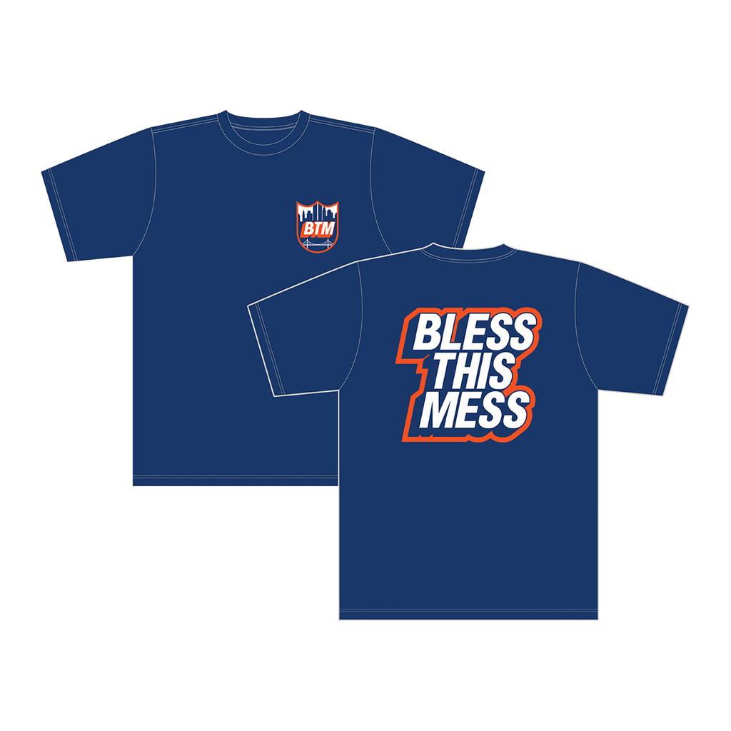 S&M Edwin BTM T-Shirt in navy blue by American Apparel (1301), featuring a small "BTM" logo on the front left chest and large white/orange "Bless This Mess" text on the back. Made in USA.