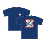 S&M Edwin BTM T-Shirt in navy blue by American Apparel (1301), featuring a small "BTM" logo on the front left chest and large white/orange "Bless This Mess" text on the back. Made in USA.