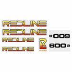 The Redline Retro 600A Frame Decal Set features vintage BMX decals with "REDLINE" in yellow-orange gradient, a stylized "R" logo, and accurate black number stickers "009" and "600a" on white backgrounds.