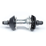 Introducing the BSD Revolution Rear Freecoaster Hub, a sleek black and silver design with hexagonal nuts, a central logo, and an innovative planetary clutch system for seamless rides.