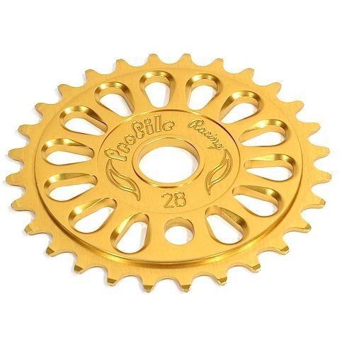 A gold Profile Imperial Sprocket with 28 teeth and elongated cutouts, featuring "Profile Racing" branding on the surface.