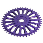 The Profile Imperial Sprocket is a metallic purple BMX sprocket with oval cutouts and evenly spaced teeth, ideal for upgrading your ride.