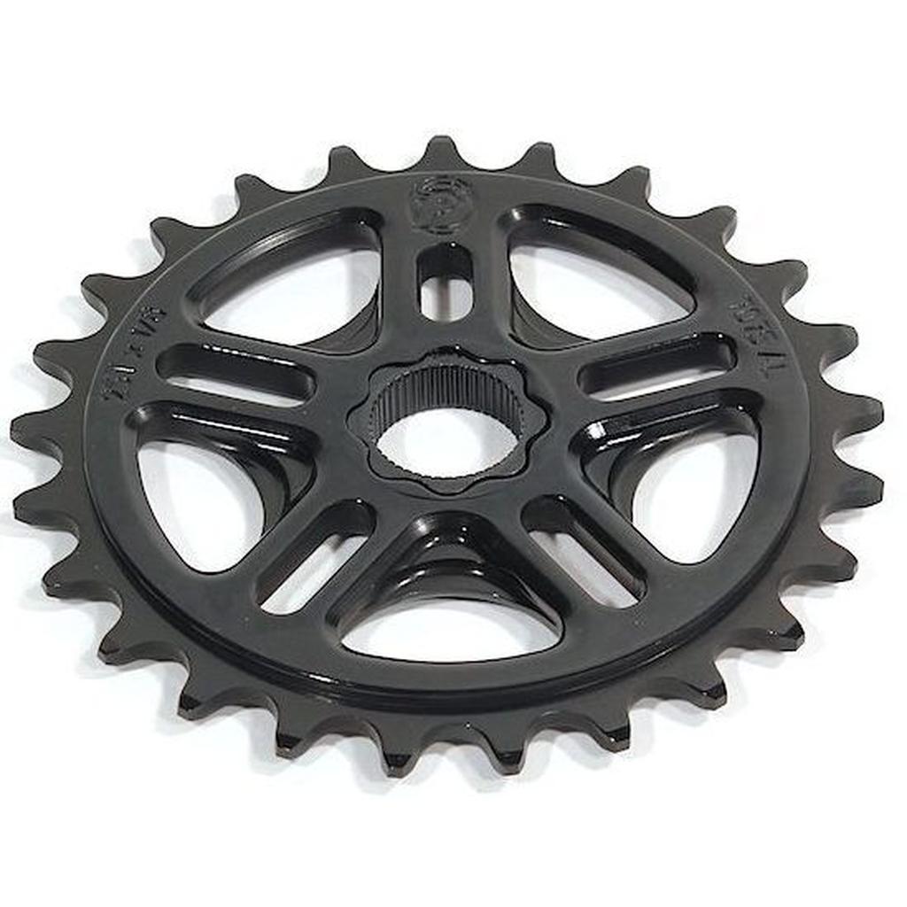Profile 19mm Spline Drive Sprocket in black 7075 aluminum with 25 teeth and a central mount, made for a 19mm splined axle, shown from above on a white background.