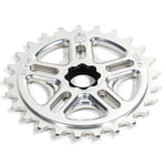 A Profile 19mm Spline Drive Sprocket, silver 7075 aluminum with 25 teeth and cutout spokes, is shown from above on a white background.