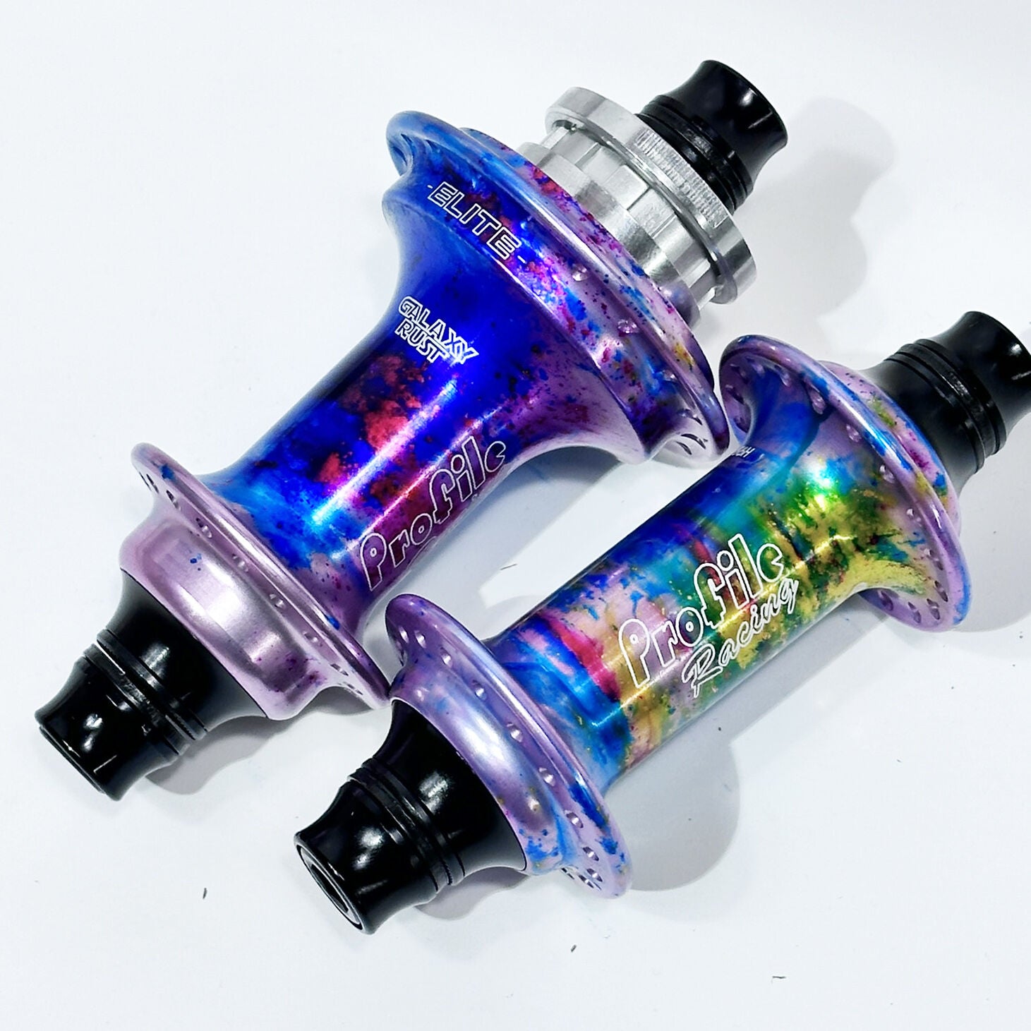 The Profile Elite Hub Set (Limited Edition Galaxy Rust) is shown on a white background, featuring 204 points of engagement for superior BMX performance.