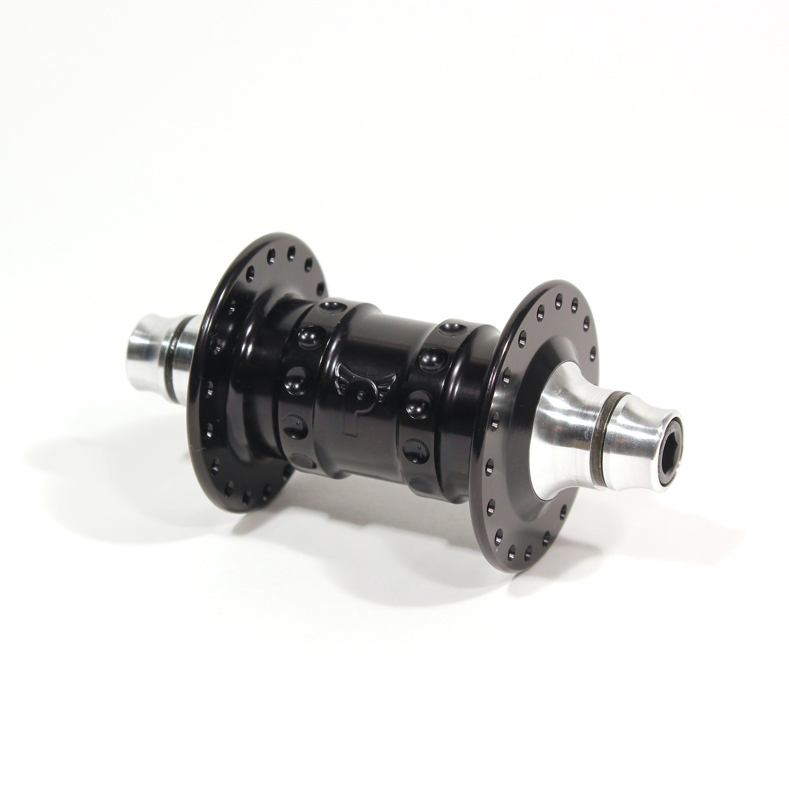 The Profile High Flange Front Hub (36 Hole) features a black and silver high-flange design with axle, shown on a white background.