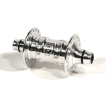 The Profile High Flange Front Hub (36 Hole) is a silver BMX front hub with multiple spoke holes and an engraved central logo, shown on a white background.