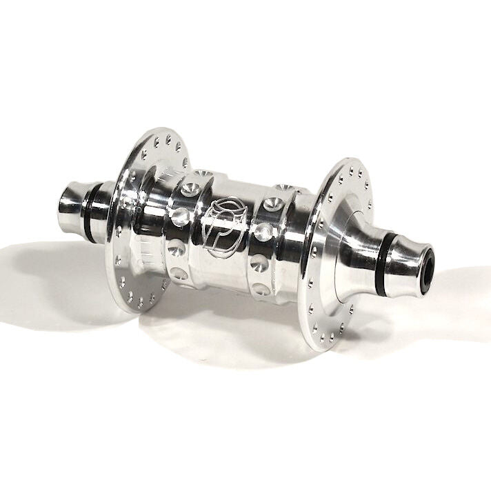 The Profile High Flange Front Hub (36 Hole) is a silver BMX front hub with multiple spoke holes and an engraved central logo, shown on a white background.