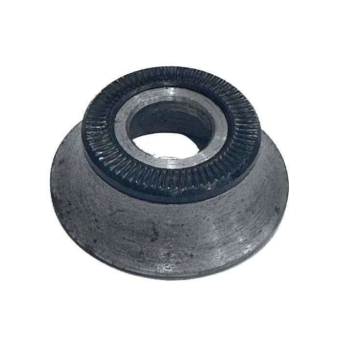 The Profile Elite/Mini Steel Non Drive Side Cone Spacer is a metal, cone-shaped washer with a central hole and ridged inner surface, perfect for use as a heavy-duty axle spacer or with Profile Mini hub setups.