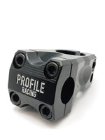 The Profile Acoustic Stem is a black, matte-finished metal stem with "PROFILE RACING" engraved on the front, four hex bolts, and a front load design.