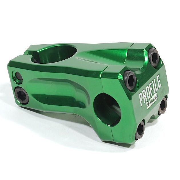 The Profile Acoustic Stem by Profile Racing is green anodized with a front load design, four front bolts, and two side pinch bolts. It is shown on a white background.