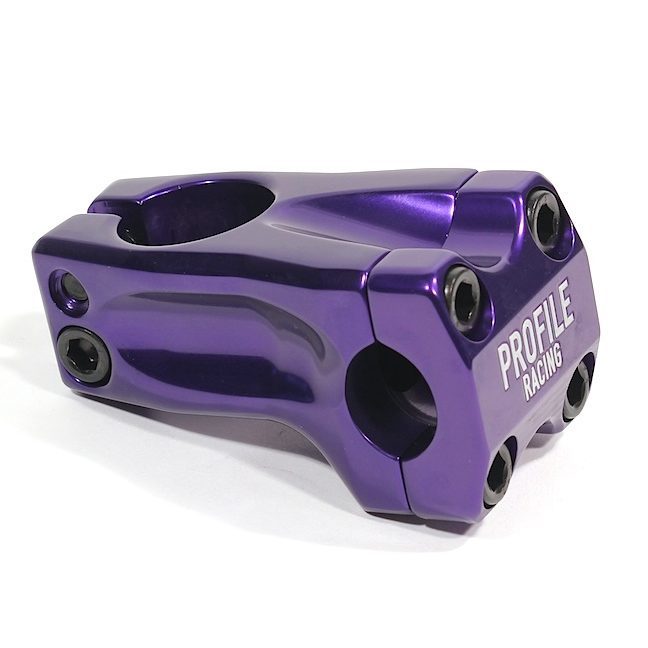 The Profile Acoustic Stem is a purple BMX front load stem featuring a four-bolt faceplate and side clamp holes, shown on a white background. Built for durability and style, it’s ideal for serious riders.