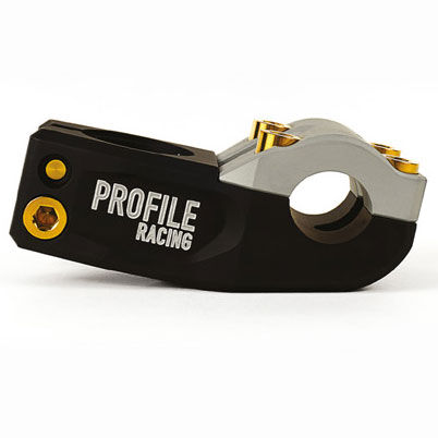 The Profile Push Stem (F1 Limited Edition) is a BMX top-load stem with a black and silver design, gold titanium bolts, and "PROFILE RACING" branding, shown on a white background.