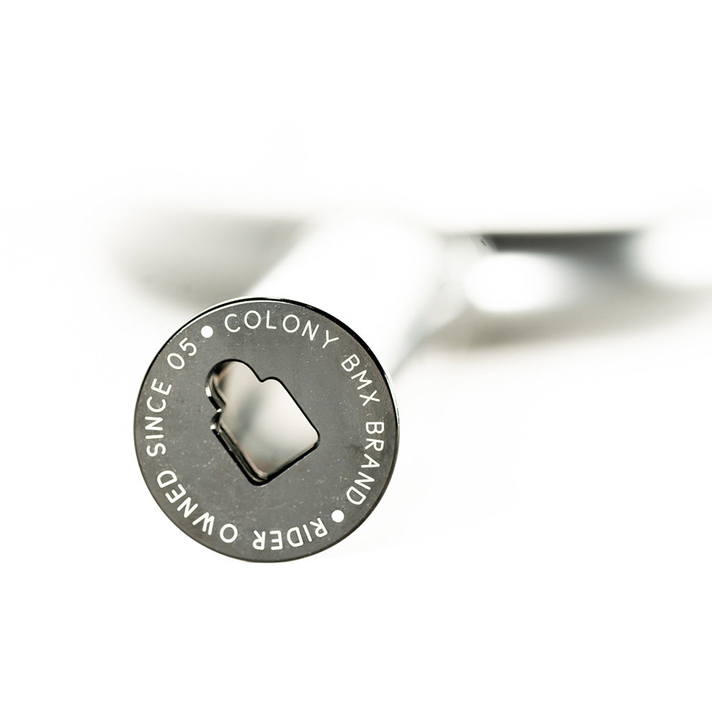 A durable metal stamp with the word colony on it, ideal for riding styles and compatible with Colony Sweet Tooth Forks. It is perfect for Colony Sweet Tooth Forks.