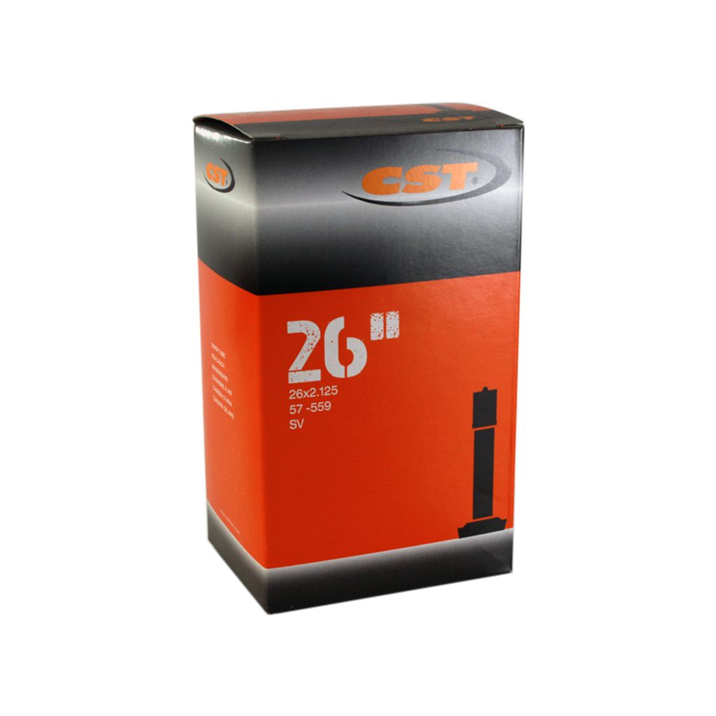 A box with a logo on it, containing a CST 26 Inch Tube for BMX bikes.