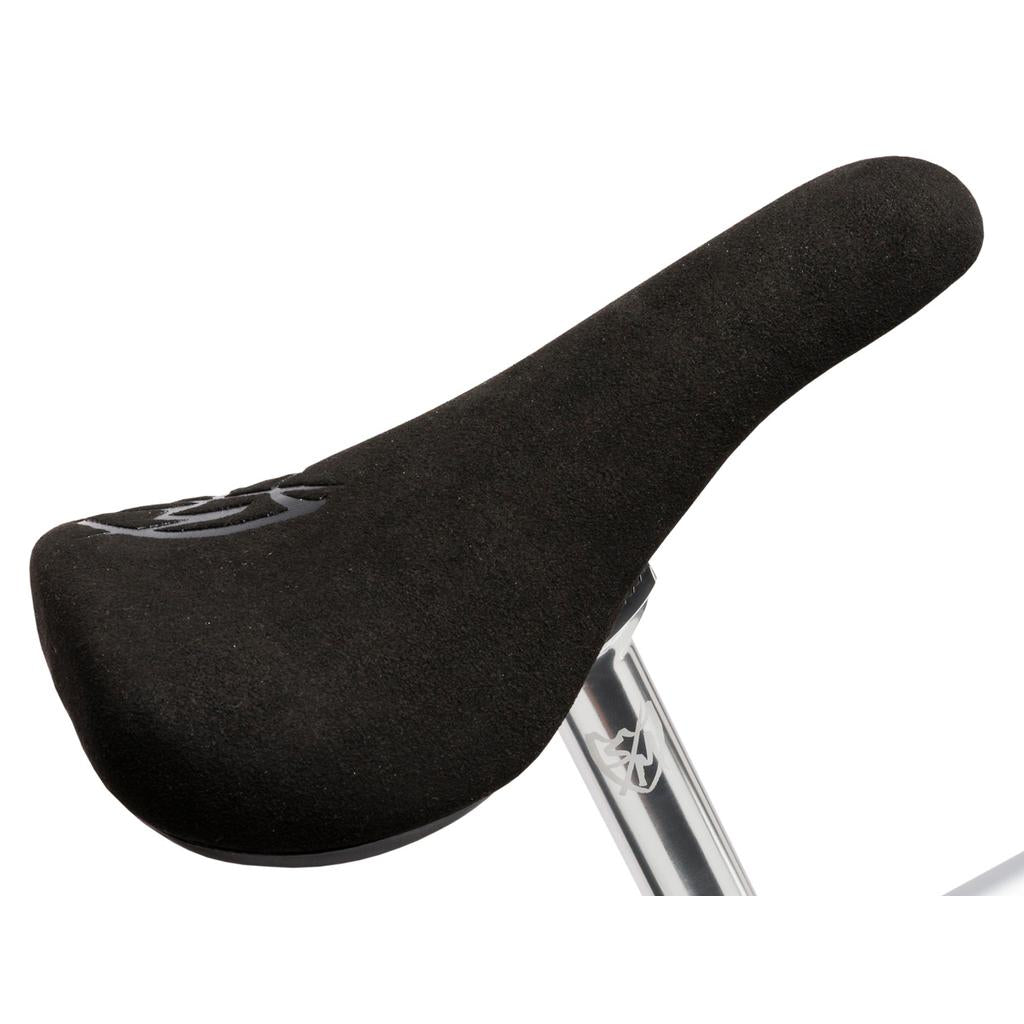 Black bicycle seat with suede-like texture on a silver seat post, displayed against white—ideal for upgrading your 22" BMX or Fit Bike Co Series 22 Inch Bike.