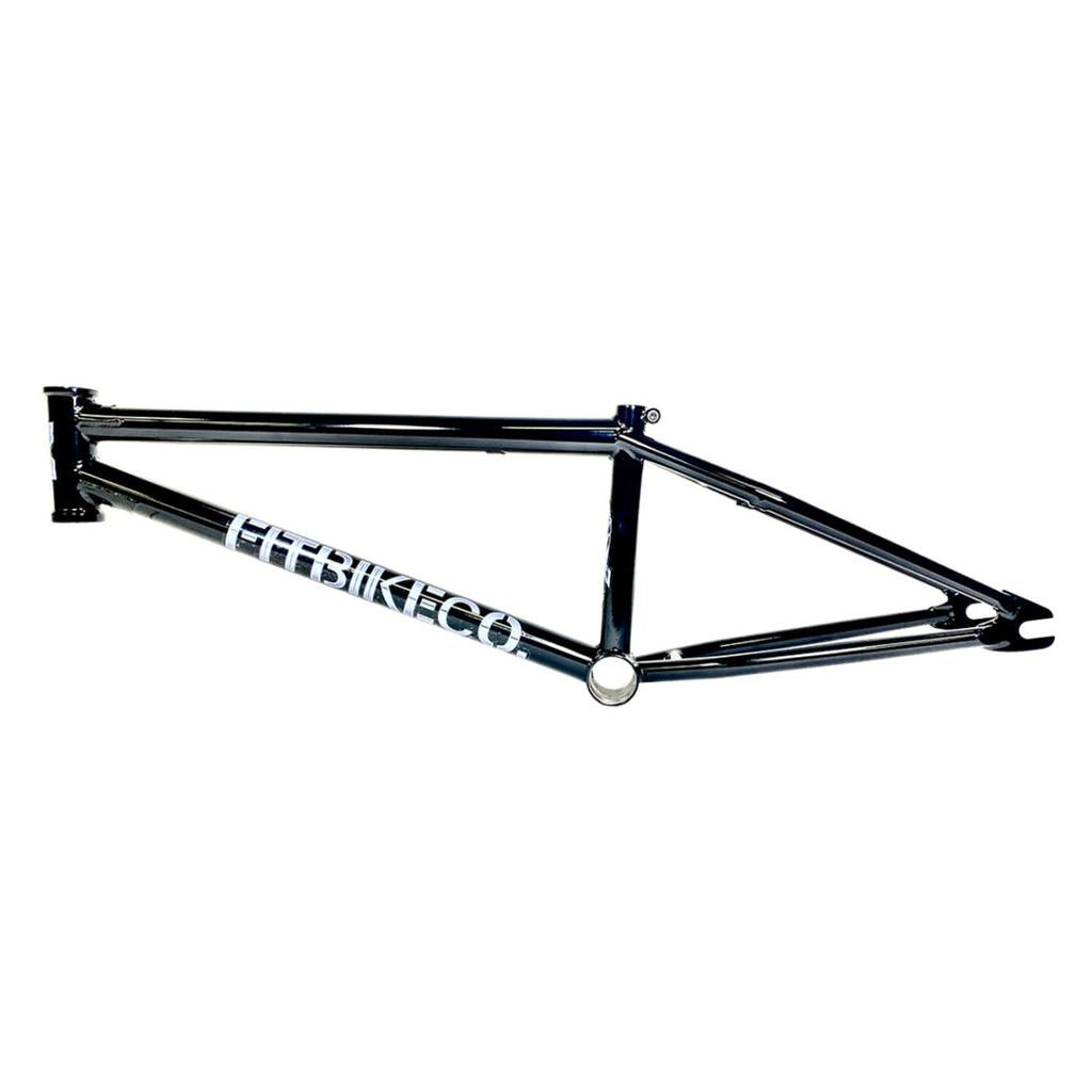 The Fit Bike Co Squib 20 Inch Frame is a black, sturdy chromoly bicycle frame with white "FITBIKECO" branding on the main tube. It's designed with trails/transition geometry perfect for smaller riders and displayed on a pristine white background.
