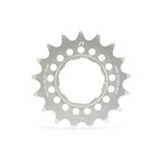A silver Echo Alloy Cassette Rear Sprocket with 16 teeth and circular cutouts, CNC machined from durable 7075-T6 aluminium, features technical markings for specifications.