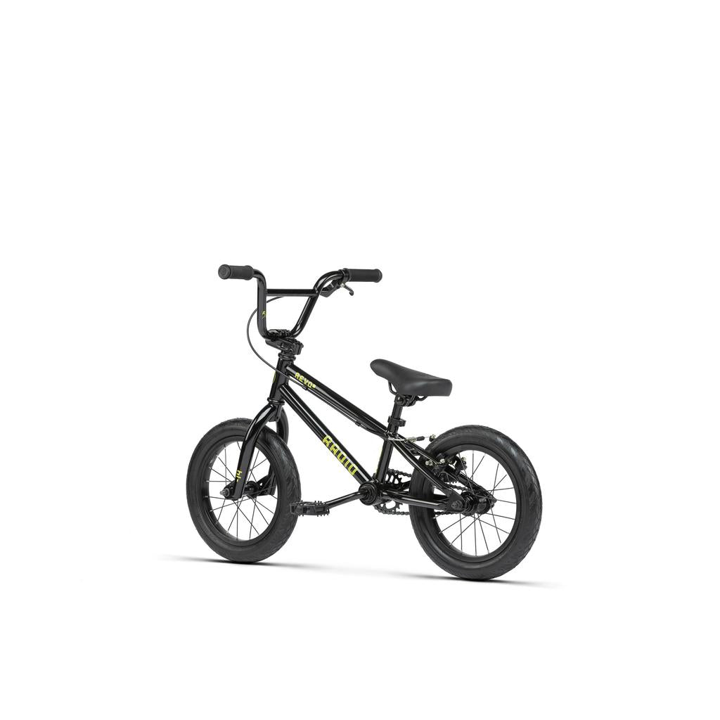 The Radio Revo 14 Inch bike, shown in black with thick tires, a padded seat, and straight handlebars on a white background, is an ideal first BMX for young riders.