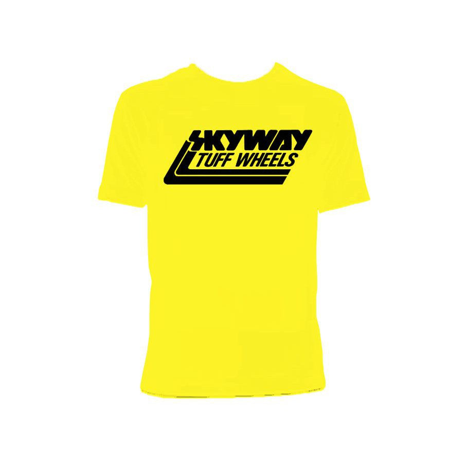 A yellow Skyway Tuff Wheel Retro Classic T-shirt with a black and yellow logo.