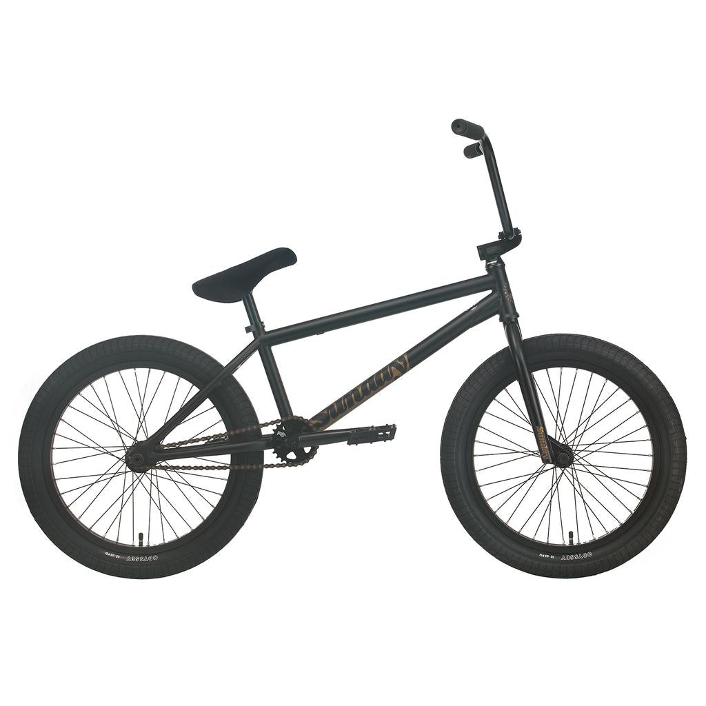 The Sunday Forecaster 20 Inch Bike (2025) / Broc Raiford, featuring a black 100% chromoly frame, thick tires, and upright handlebars, is shown in profile on a plain background.