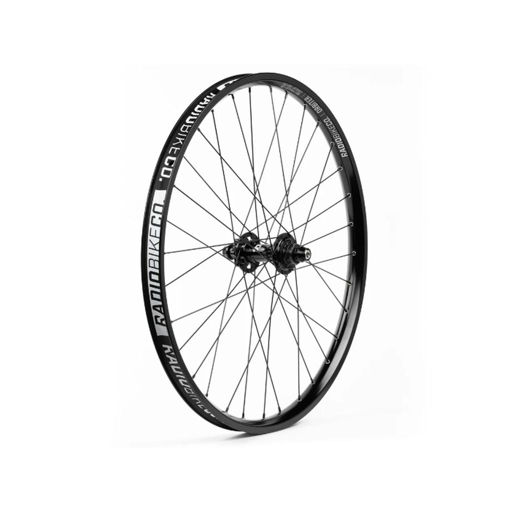 A black Radio Orbiter/Sonar 26 Inch Hybrid Cassette/Freecoaster Rear Wheel with intricate spokes and a SONAR FREECOASTER MTB hub, set against a white background.
