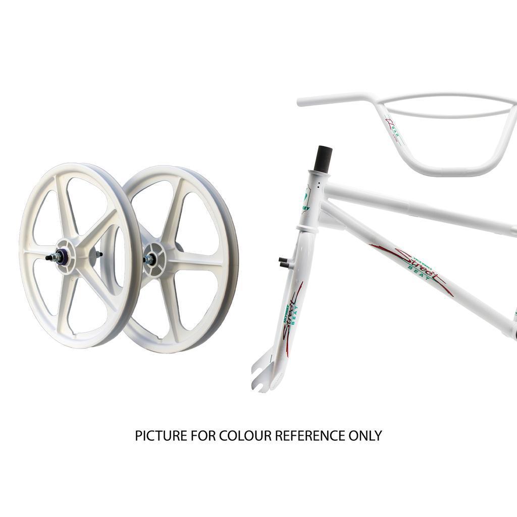 Skyway Street Beat 20 Inch Bike: white 4130 chromoly frame, handlebar, and two wheel rims shown separately on a white background. Text at bottom reads “PICTURE FOR COLOUR REFERENCE ONLY.”.