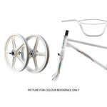 Skyway Street Beat 20 Inch Bike: white 4130 chromoly frame, handlebar, and two wheel rims shown separately on a white background. Text at bottom reads “PICTURE FOR COLOUR REFERENCE ONLY.”.