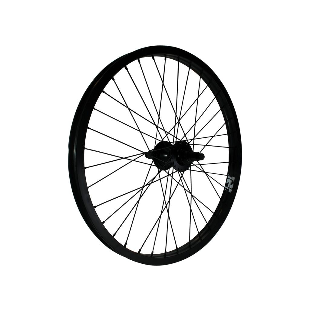 The Fit Bike Co 22 Inch Cassette Rear Wheel is a black bicycle wheel with spokes and a rear cassette, shown from the side against a white background.