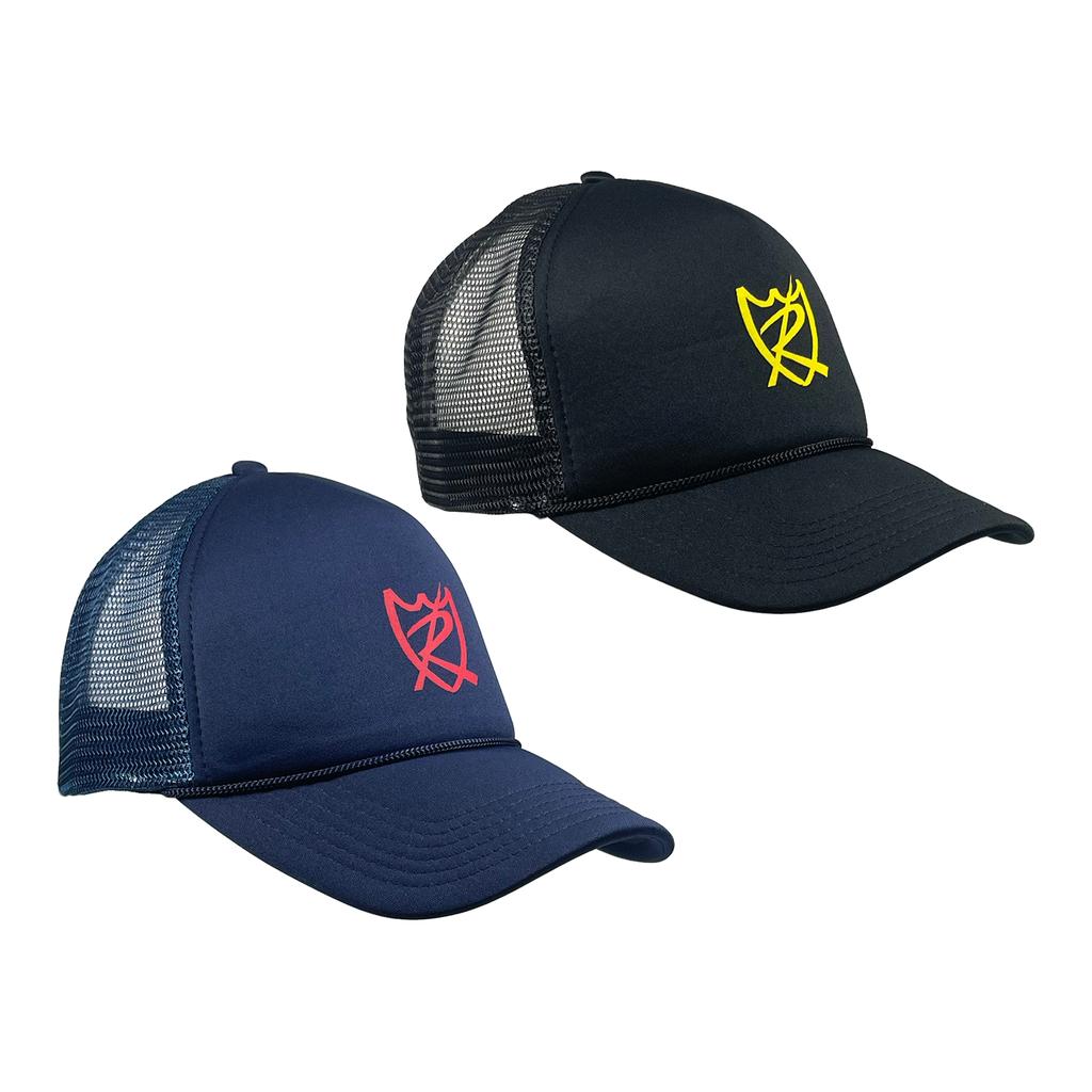 Two S&M Rambler Sharpie Shield Caps—one navy blue with a red logo, one black with a yellow logo—sit side by side on a white background. Both mesh-back hats have adjustable snapback closures for a custom fit.