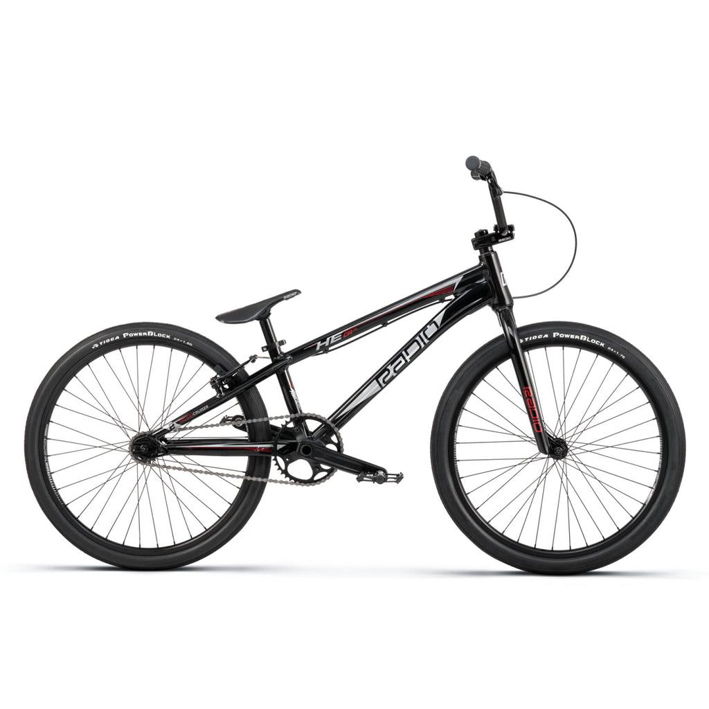 A Radio Helium Pro 24 Inch Cruiser Bike in black with thin tires, a lightweight frame, straight handlebars, and a single gear is shown in side profile on a white background.