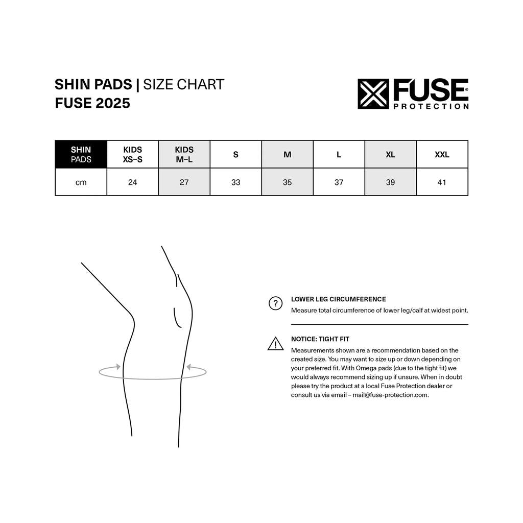 A size chart for the Fuse Alpha Classic Shin Pads (Pair) shows sizes and lower leg circumference in cm, with fit and measurement tips plus an illustration for accurate sizing and optimal pedal bite protection.