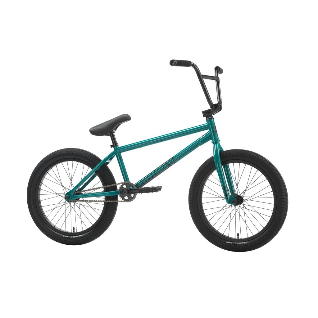 The Sunday EX Erik Elstran 20 Inch Bike is a teal BMX with a 100% chromoly frame, black handlebars, saddle, and tires, featuring Odyssey/Sunday parts—shown side view on a white background.