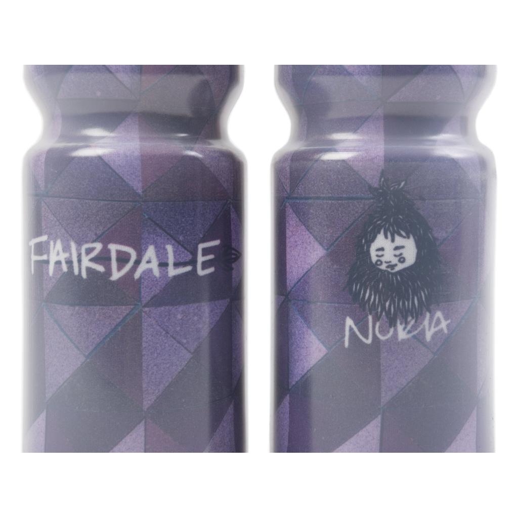 Two purple Fairdale Nora V Water Bottles feature geometric patterns; one is labeled "FAIRDALE," and the other displays Nora artwork—a bearded face with "NORIA" written below.