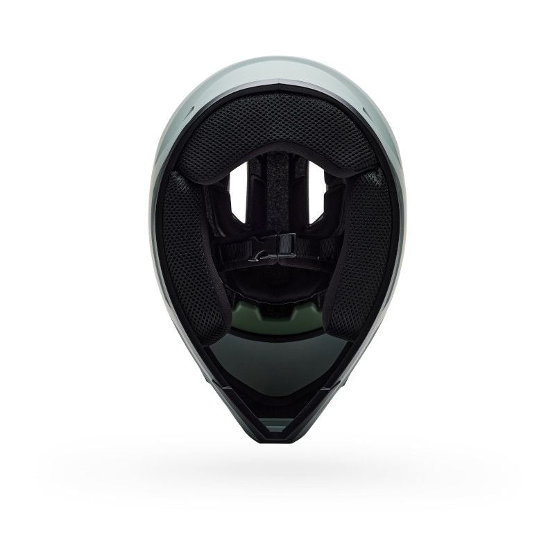 Front view of the Bell Sanction 2 Dark Grey helmet, an entry-level model, showing interior padding, chin strap, and ventilation openings against a white background.