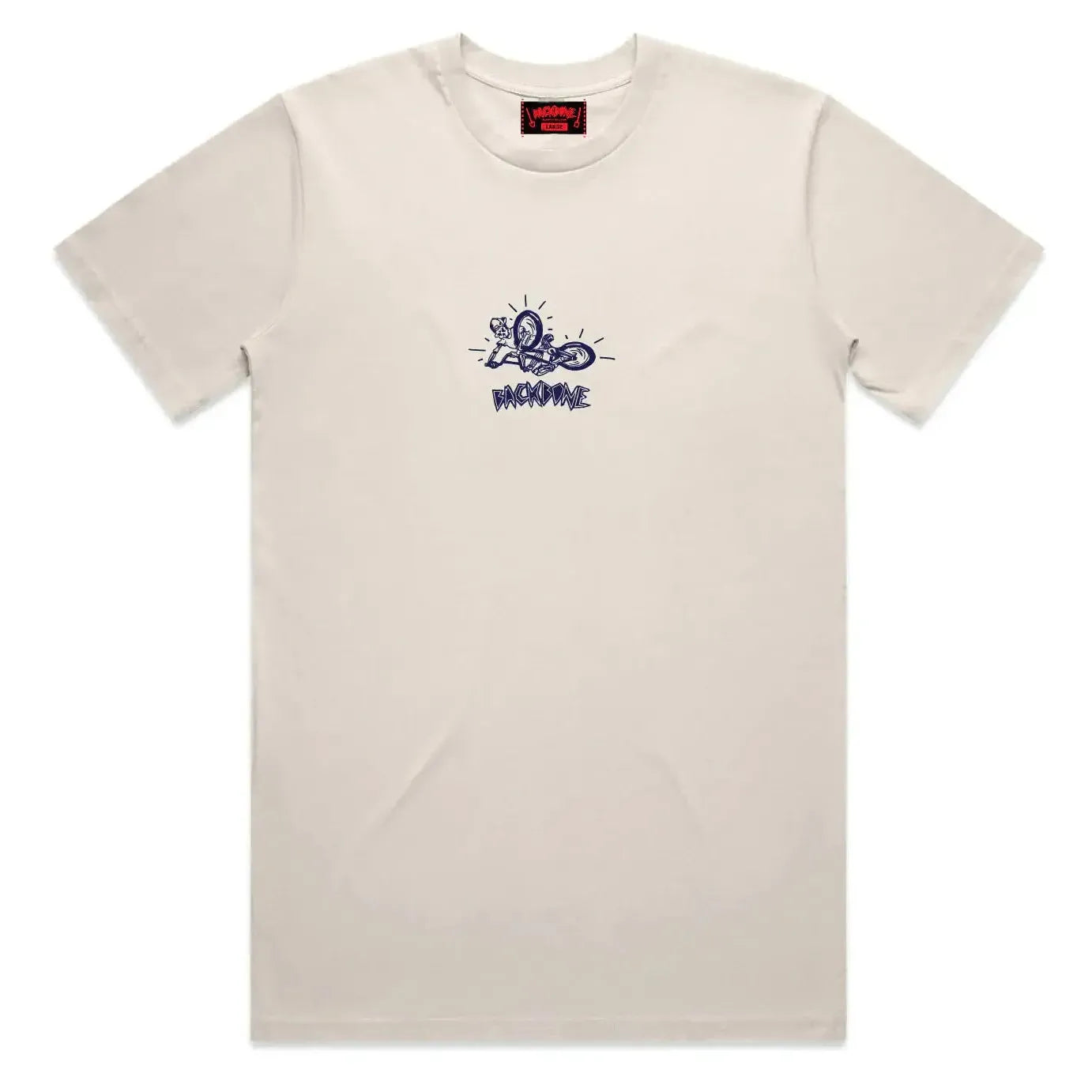 The Backbone Fold ‘n’ Hold T-Shirt is a beige short-sleeve tee made from premium cotton, featuring a small blue graphic and “KIKOME” printed on the chest, with a red tag inside the collar. This stylish BMX t-shirt from Backbone BMX is perfect for casual rides and everyday wear.
