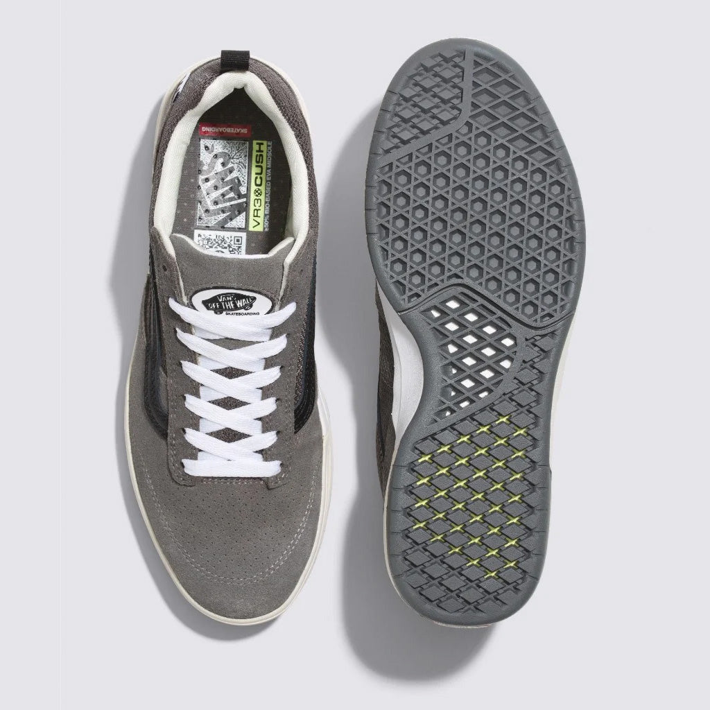 A pair of grey Vans Zahba Pro Skate Shoes - Grey/Black with yellow soles.